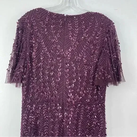 Mac Duggal Blush Flutter Sleeve Embellished‎ Sequin Gown 35109 $698 AUBERGINE